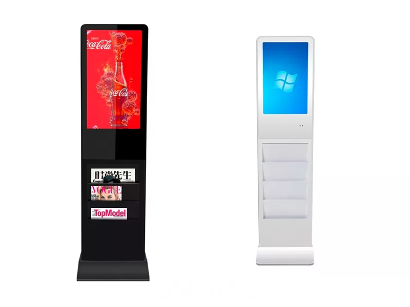 Quiosque digital com suporte de revistas integrado para salas de espera.