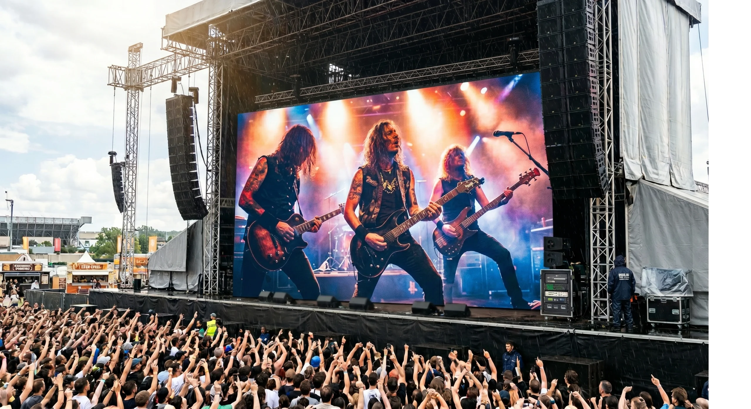 Ecrã LED de exterior de grandes dimensões em palco de concerto ao vivo, demonstrando brilho de alta intensidade e resistência para eventos ao ar livre com grande público.
