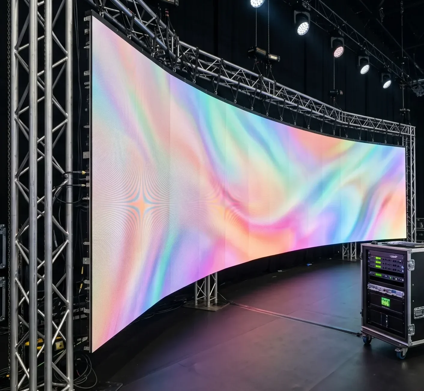 Painel LED modular curvo montado em estrutura de truss metálica num estúdio, exibindo cores vibrantes e tecnologia de ponta para cenografia de eventos profissionais.