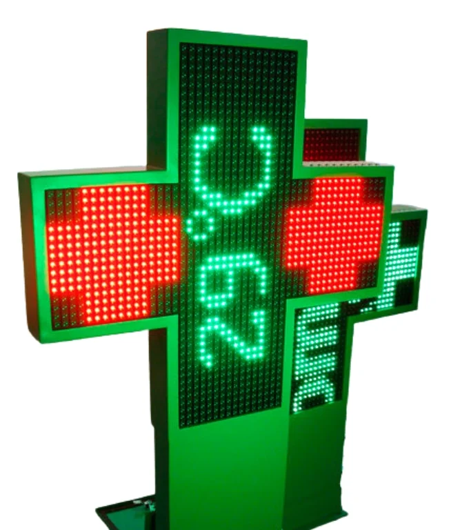 Cruz de farmácia latina Double Color verde e branca com efeitos 3D e conetividade Wi-Fi.