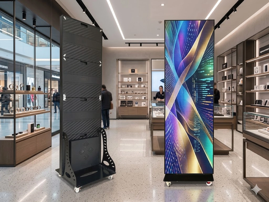 "Painel LED Poster vertical em ambiente de loja comercial exibindo publicidade em alta resolução. Equipamento digital móvel estilo roll-up digital para interior.